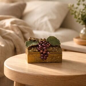 Vintage Gold Tone Grape Cluster Trinket Box Purple Vine Jewelry Keepsake